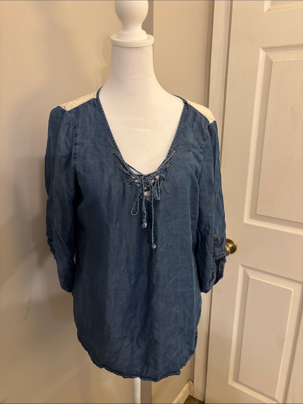 Soulmates Indigo Lace-Up V-Neck Tunic with Cream Shoulder Trim